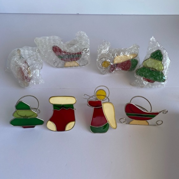 8 Stained Glass Suncatcher Christmas Napkin Rings Stocking Tree Angel Sleigh - Picture 1 of 10